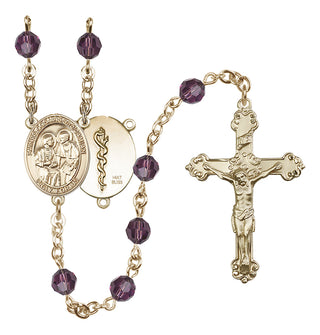 14 Karat Gold 6mm Austrian Crystal Saints Cosmas & Damian / Doctors Rosary in Amethyst