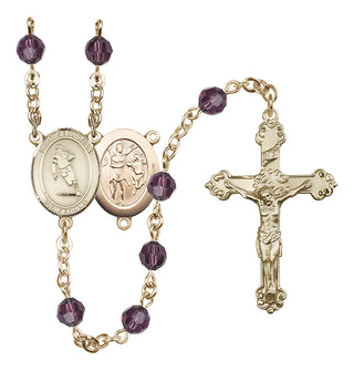 14 Karat Gold 6mm Austrian Crystal Saint Sebastian / Rugby Rosary in Amethyst