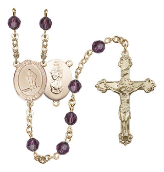 14 Karat Gold 6mm Austrian Crystal Saint Christopher / Skiing Rosary in Amethyst