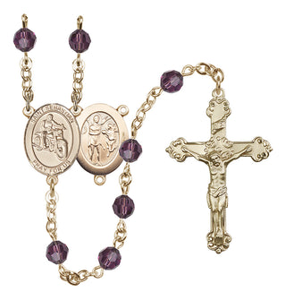 14 Karat Gold 6mm Austrian Crystal Saint Sebastian / Motorcycle Rosary in Amethyst