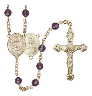 14 Karat Gold 6mm Austrian Crystal Our Lady of Mount Carmel Rosary in Amethyst