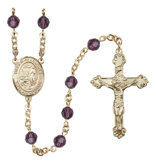 14 Karat Gold 6mm Austrian Crystal Virgen del Lourdes Rosary in Amethyst