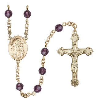 14 Karat Gold 6mm Austrian Crystal Guardian Angel w/Children Rosary in Amethyst