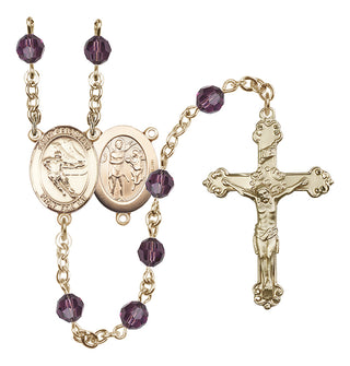 14 Karat Gold 6mm Austrian Crystal Saint Sebastian / Hockey Rosary in Amethyst