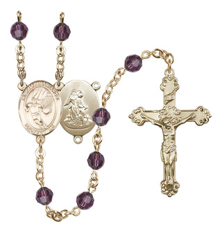 14 Karat Gold 6mm Austrian Crystal Guardian Angel/Basketball Rosary in Amethyst