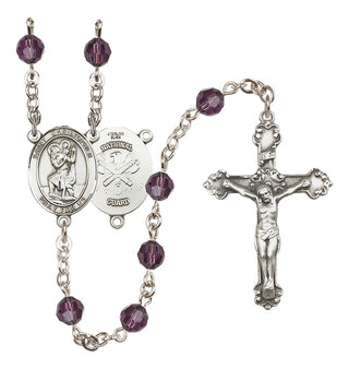 Sterling Silver 6mm Austrian Crystal Saint Christopher / Nat'l Guard Rosary in Amethyst