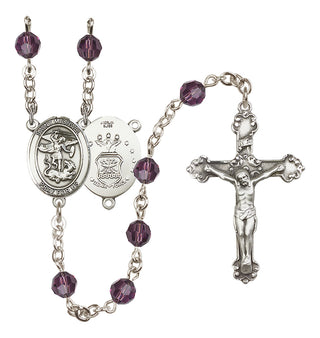 Sterling Silver 6mm Austrian Crystal Saint Michael / Air Force Rosary in Amethyst