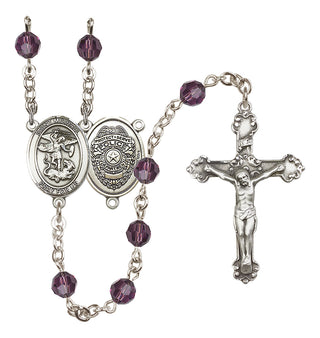 Sterling Silver 6mm Austrian Crystal Saint Michael the Archangel/Policeman Rosary in Amethyst