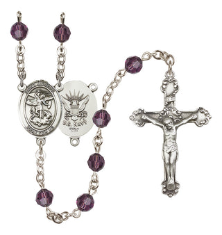 Sterling Silver 6mm Austrian Crystal Saint Michael / Navy Rosary in Amethyst