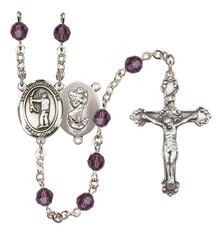 Sterling Silver 6mm Austrian Crystal Saint Christopher/Archery Rosary in Amethyst