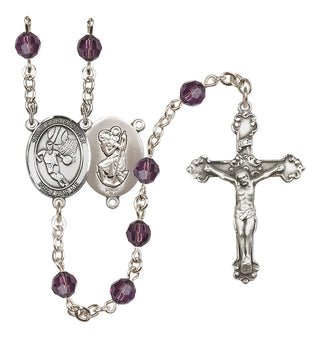 Sterling Silver 6mm Austrian Crystal Saint Christopher/Basketball Rosary in Amethyst