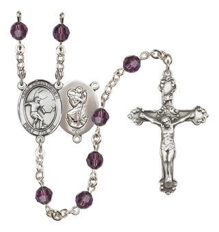 Sterling Silver 6mm Austrian Crystal Saint Christopher/Soccer Rosary in Amethyst