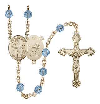 14 Karat Gold-Filled 6mm Austrian Crystal Saint Brendan the Navigator/Navy Rosary in Aqua