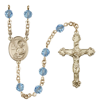 14 Karat Gold-Filled 6mm Austrian Crystal Saint Mark the Evangelist Rosary in Aqua
