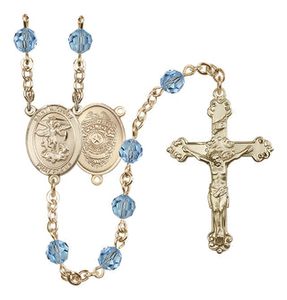 14 Karat Gold-Filled 6mm Austrian Crystal Saint Michael the Archangel/Policeman Rosary in Aqua