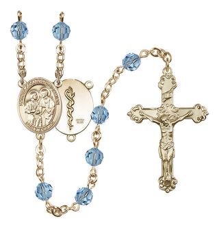 14 Karat Gold-Filled 6mm Austrian Crystal Saints Cosmas & Damian / Doctors Rosary in Aqua