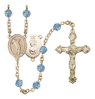 14 Karat Gold-Filled 6mm Austrian Crystal Saint Christopher/Golf Rosary in Aqua