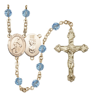 14 Karat Gold-Filled 6mm Austrian Crystal Saint Christopher/Basketball Rosary in Aqua
