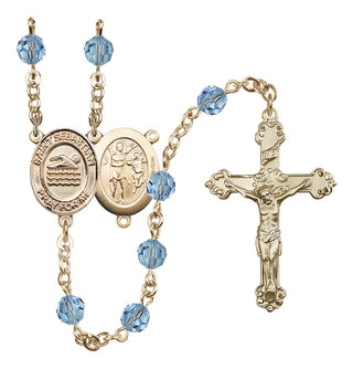 14 Karat Gold-Filled 6mm Austrian Crystal Saint Sebastian/Swimming Rosary in Aqua