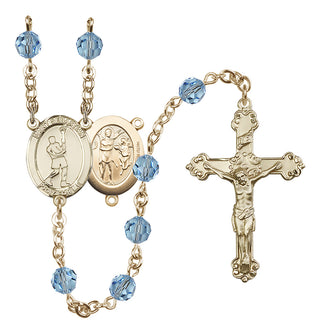 14 Karat Gold-Filled 6mm Austrian Crystal Saint Sebastian/Lacrosse Rosary in Aqua