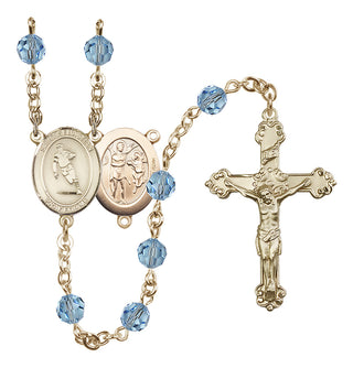 14 Karat Gold-Filled 6mm Austrian Crystal Saint Sebastian / Rugby Rosary in Aqua