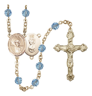 14 Karat Gold-Filled 6mm Austrian Crystal Saint Christopher/Water Polo Men Rosary in Aqua