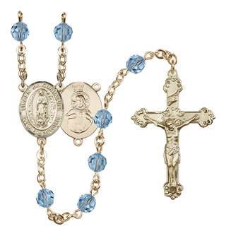 14 Karat Gold-Filled 6mm Austrian Crystal Virgen de Guadalupe Rosary in Aqua