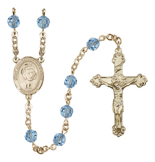 14 Karat Gold-Filled 6mm Austrian Crystal Saint John Baptist de la Salle Rosary in Aqua