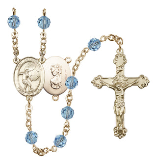 14 Karat Gold-Filled 6mm Austrian Crystal Saint Christopher/Soccer Rosary in Aqua