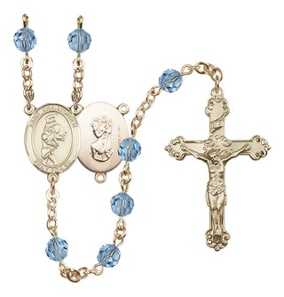 14 Karat Gold-Filled 6mm Austrian Crystal Saint Christopher/Softball Rosary in Aqua