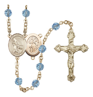 14 Karat Gold-Filled 6mm Austrian Crystal Saint Sebastian / Football Rosary in Aqua