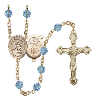 14 Karat Gold-Filled 6mm Austrian Crystal Saint Sebastian/Swimming Rosary in Aqua