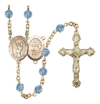 14 Karat Gold-Filled 6mm Austrian Crystal Saint Sebastian/Lacrosse Rosary in Aqua