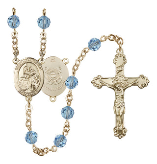 14 Karat Gold 6mm Austrian Crystal Saint Joan of Arc /Coast Guard Rosary in Aqua