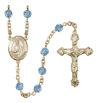 14 Karat Gold 6mm Austrian Crystal San Judas Rosary in Aqua