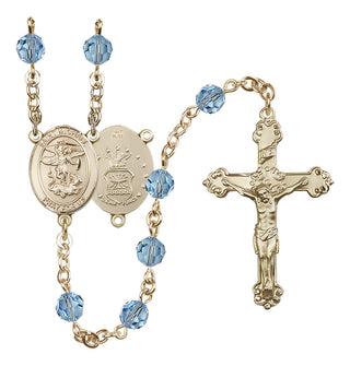 14 Karat Gold 6mm Austrian Crystal Saint Michael / Air Force Rosary in Aqua
