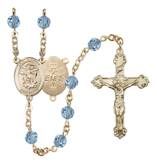 14 Karat Gold 6mm Austrian Crystal Saint Michael / EMT Rosary in Aqua