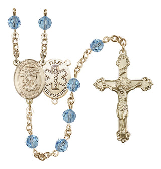 14 Karat Gold 6mm Austrian Crystal Saint Michael/1St Responder Rosary in Aqua