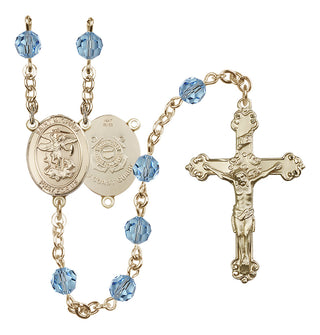 14 Karat Gold 6mm Austrian Crystal Saint Michael / Coast Guard Rosary in Aqua