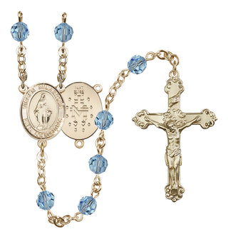 14 Karat Gold 6mm Austrian Crystal Virgen Milagrosa Rosary in Aqua
