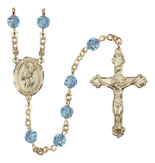14 Karat Gold 6mm Austrian Crystal Saint Scholastica Rosary in Aqua