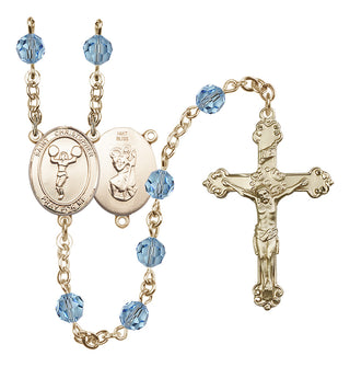 14 Karat Gold 6mm Austrian Crystal Saint Christopher/Cheerleading Rosary in Aqua