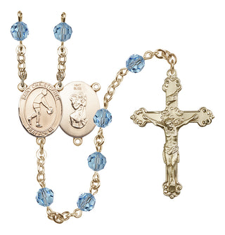 14 Karat Gold 6mm Austrian Crystal Saint Christopher/Basketball Rosary in Aqua