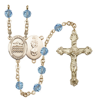 14 Karat Gold 6mm Austrian Crystal Saint Christopher/Swimming Rosary in Aqua