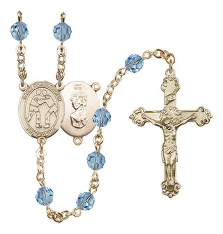 14 Karat Gold 6mm Austrian Crystal Saint Christopher/Wrestling Rosary in Aqua
