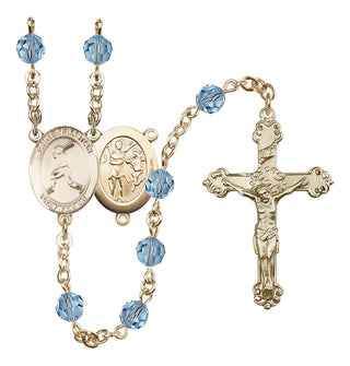 14 Karat Gold 6mm Austrian Crystal Saint Sebastian/Baseball Rosary in Aqua