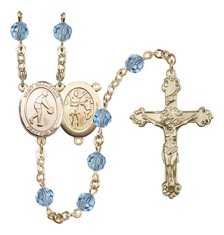 14 Karat Gold 6mm Austrian Crystal Saint Sebastian/Basketball Rosary in Aqua