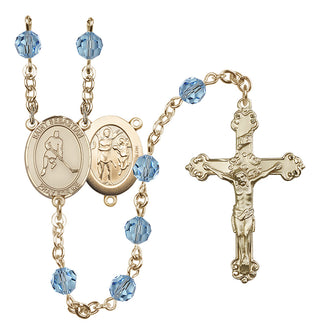 14 Karat Gold 6mm Austrian Crystal Saint Sebastian/Ice Hockey Rosary in Aqua