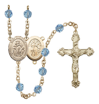 14 Karat Gold 6mm Austrian Crystal Saint Sebastian/Wrestling Rosary in Aqua