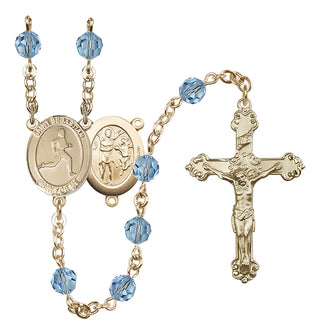 14 Karat Gold 6mm Austrian Crystal Saint Sebastian/Track & Field Rosary in Aqua